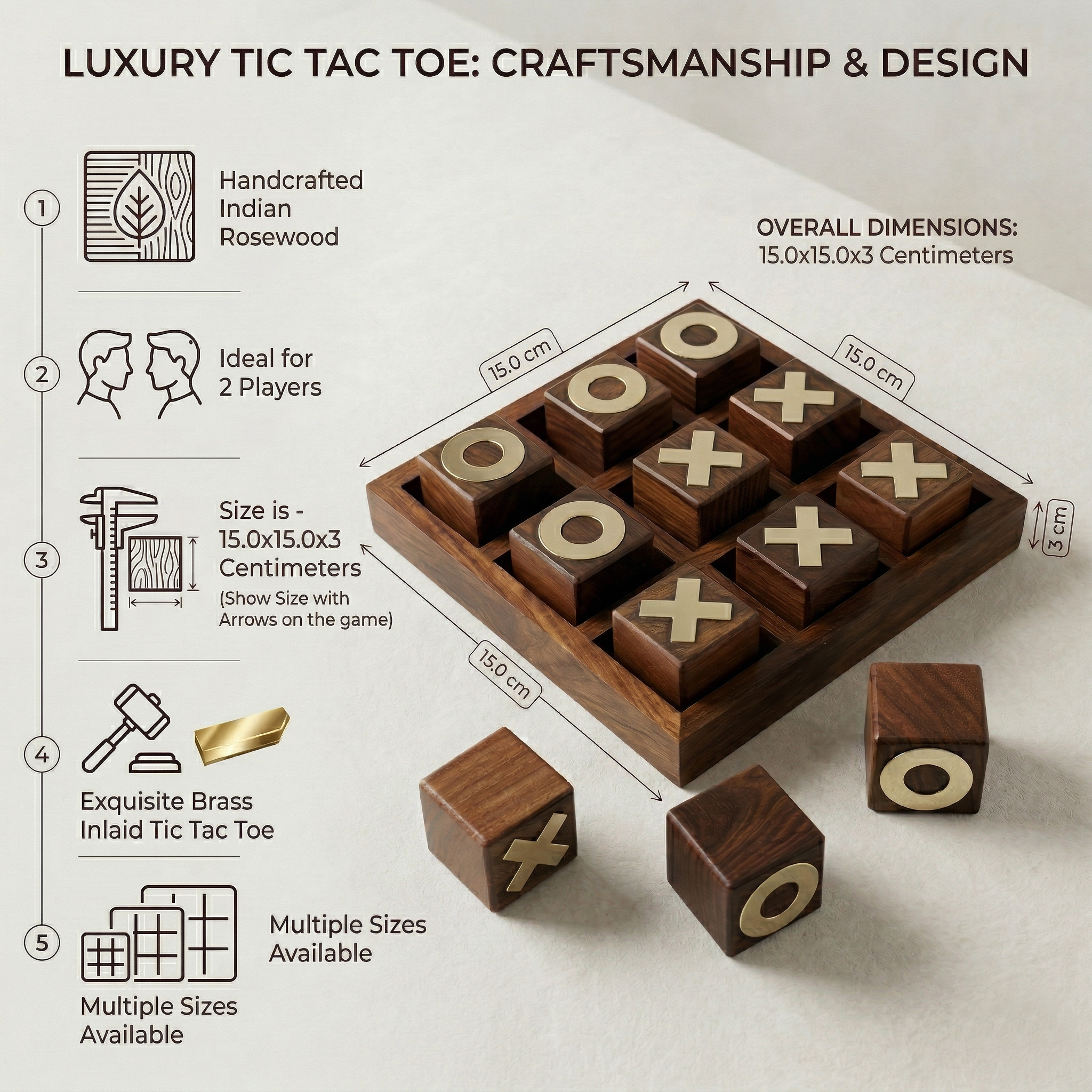 Wooden Tic Tac Toe Game | Brass Inlaid Indian Rosewood Board, Coffee Table Decor - Image 2