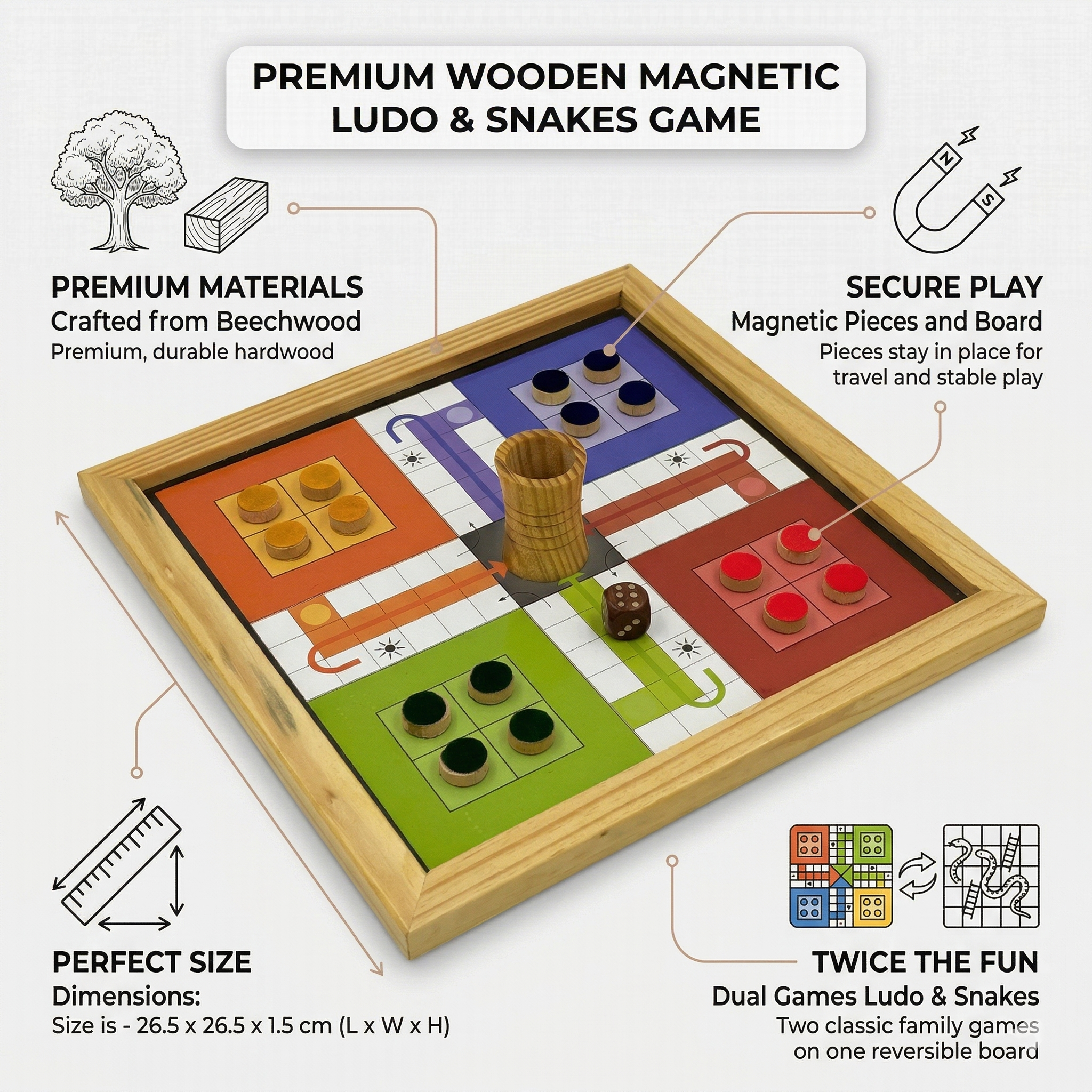 2-in-1 Wooden Ludo & Snakes & Ladders Game - Image 3