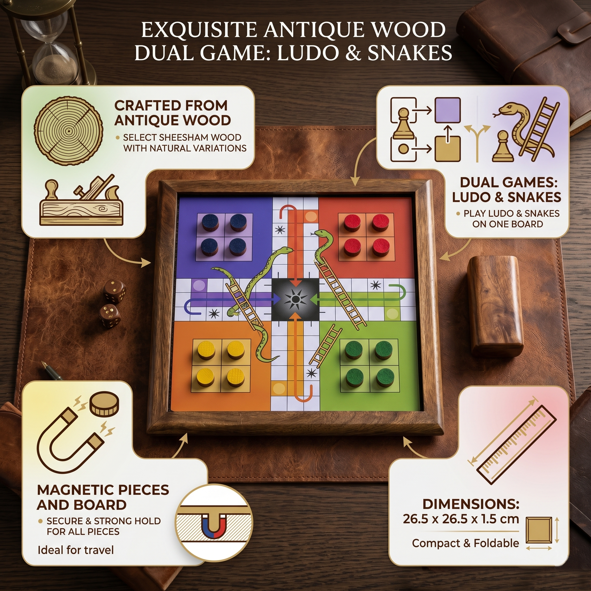 2-in-1 Wooden Ludo Snakes Ladders Board Game | Magnetic Antique Wood Family Travel Game - Image 2
