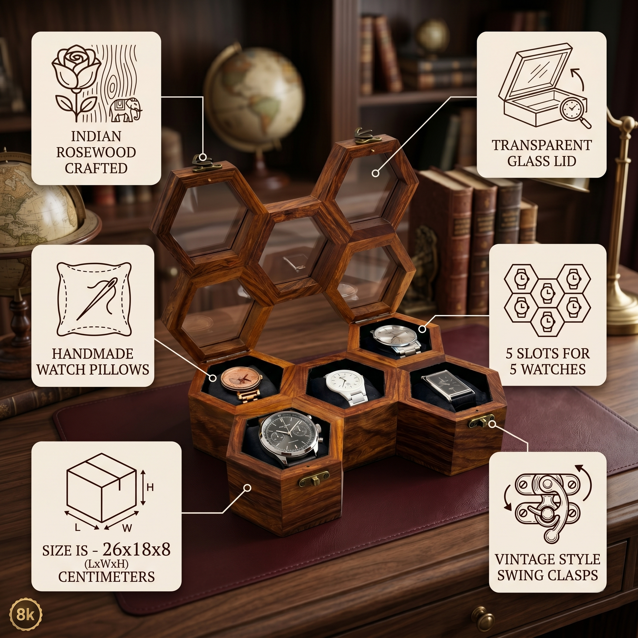 Wooden Watch Box for Men & Women, Indian Rosewood Crafted, Vintage Locks - 5 Slots - Image 2