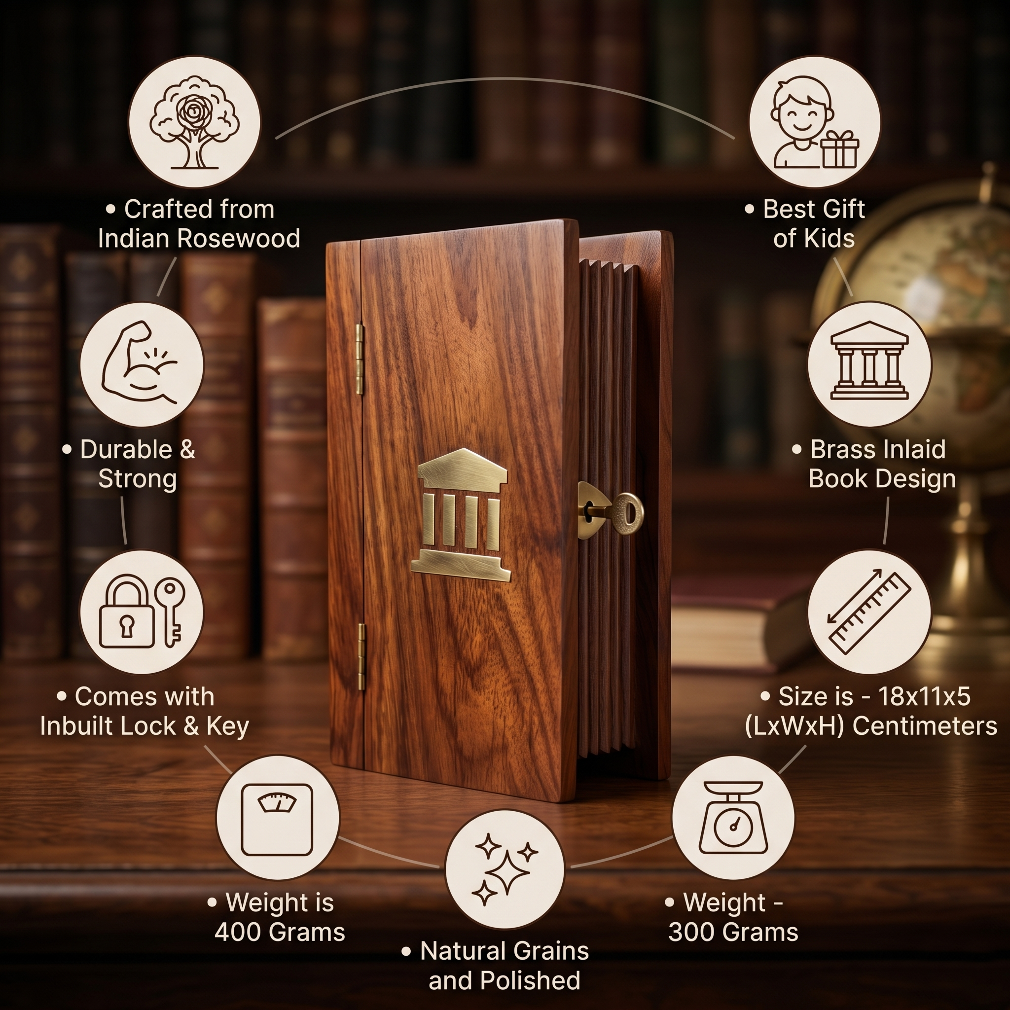 Handcrafted Indian Rosewood Book Safe | Wooden Money Bank & Secret Box with Lock - Image 13