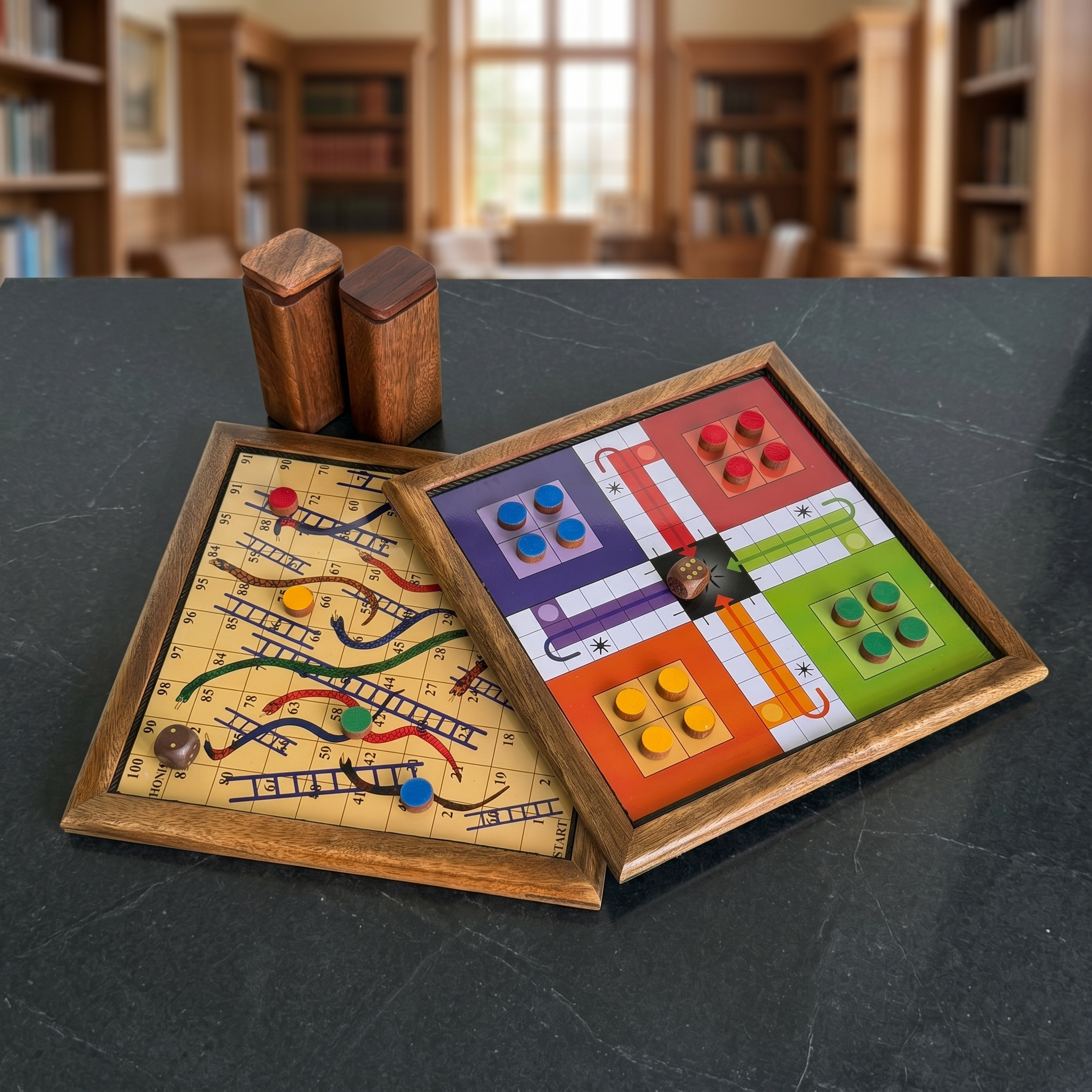 Magnetic 2-in-1 Ludo & Snakes and Ladders Board Game | Premium Antique Wood | Portable Travel Set (10 Inches Set of 2 Boards) - Image 5