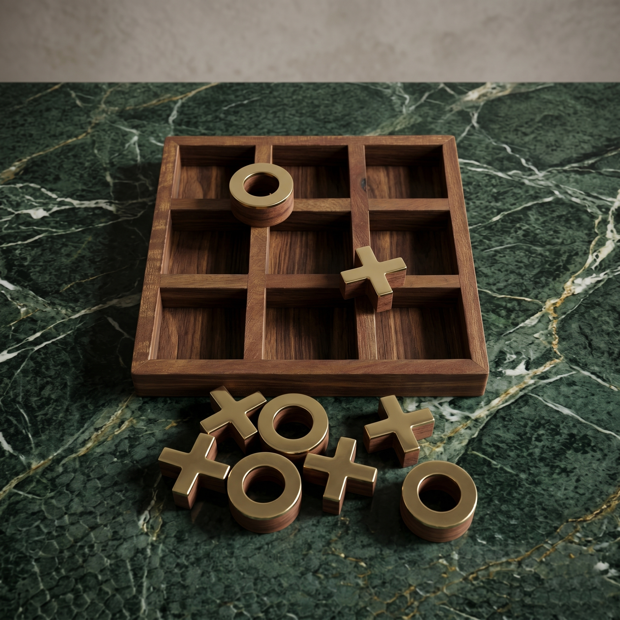 Wooden Tic Tac Toe Game Set | Antique Wood Box, Brass Inlay Pieces - Image 4