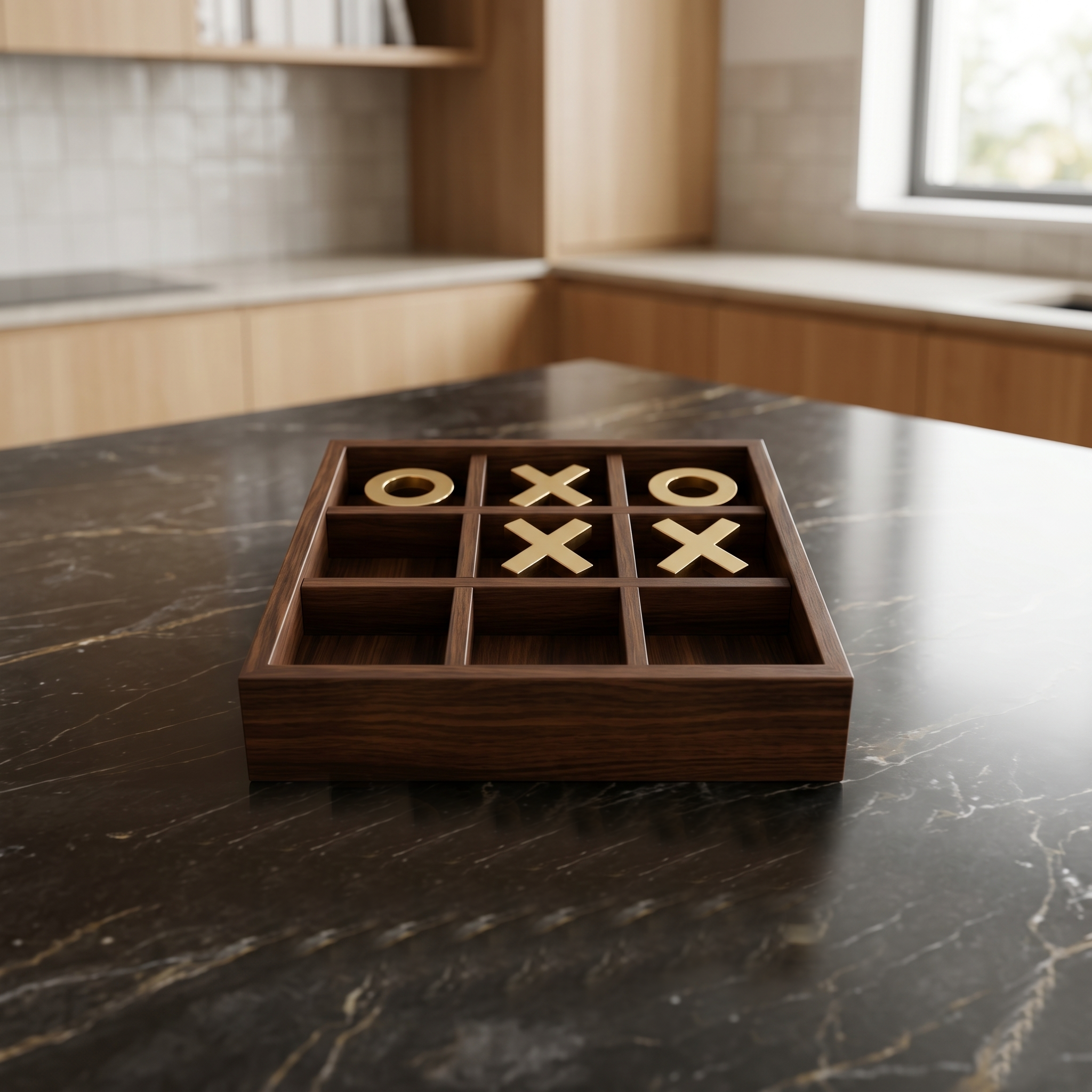 Wooden Tic Tac Toe Game Set | Antique Wood Box, Brass Inlay Pieces - Image 3