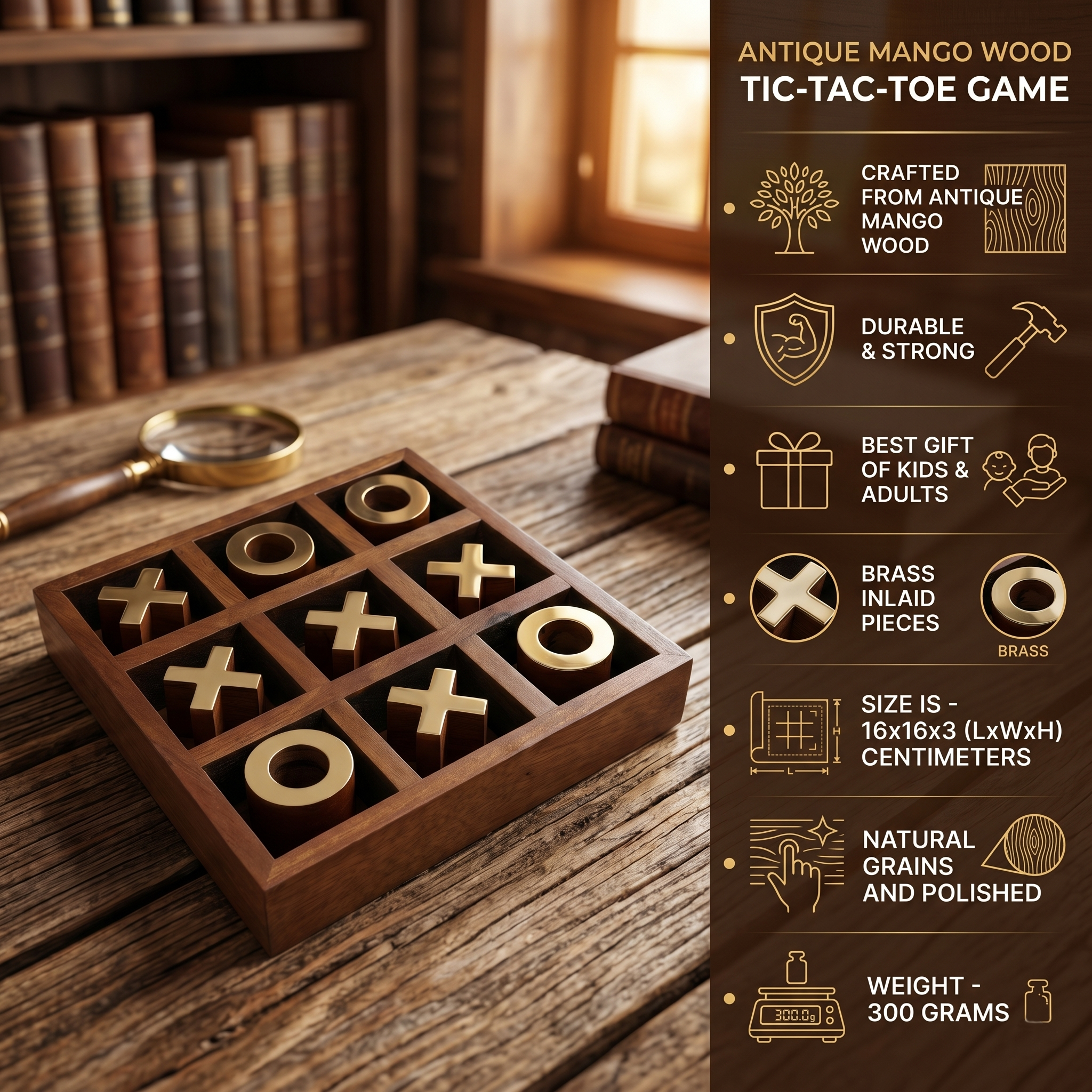 Wooden Tic Tac Toe Game Set | Antique Wood Box, Brass Inlay Pieces - Image 7