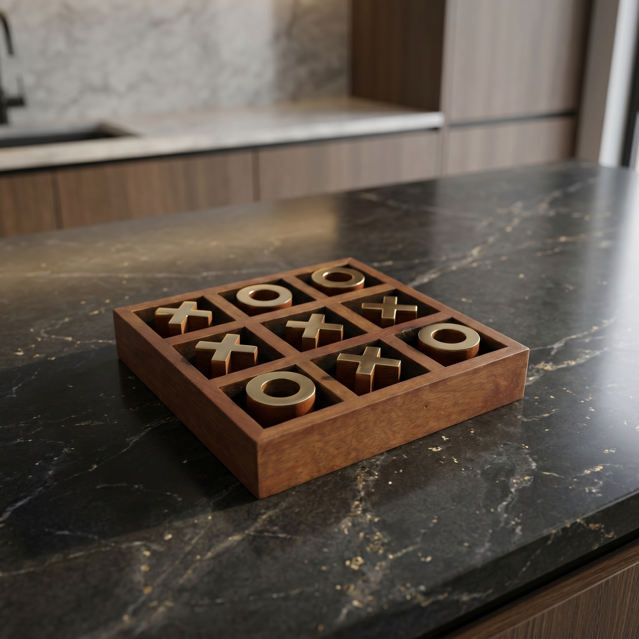 Wooden Tic Tac Toe Game Set | Antique Wood Box, Brass Inlay Pieces - Image 6