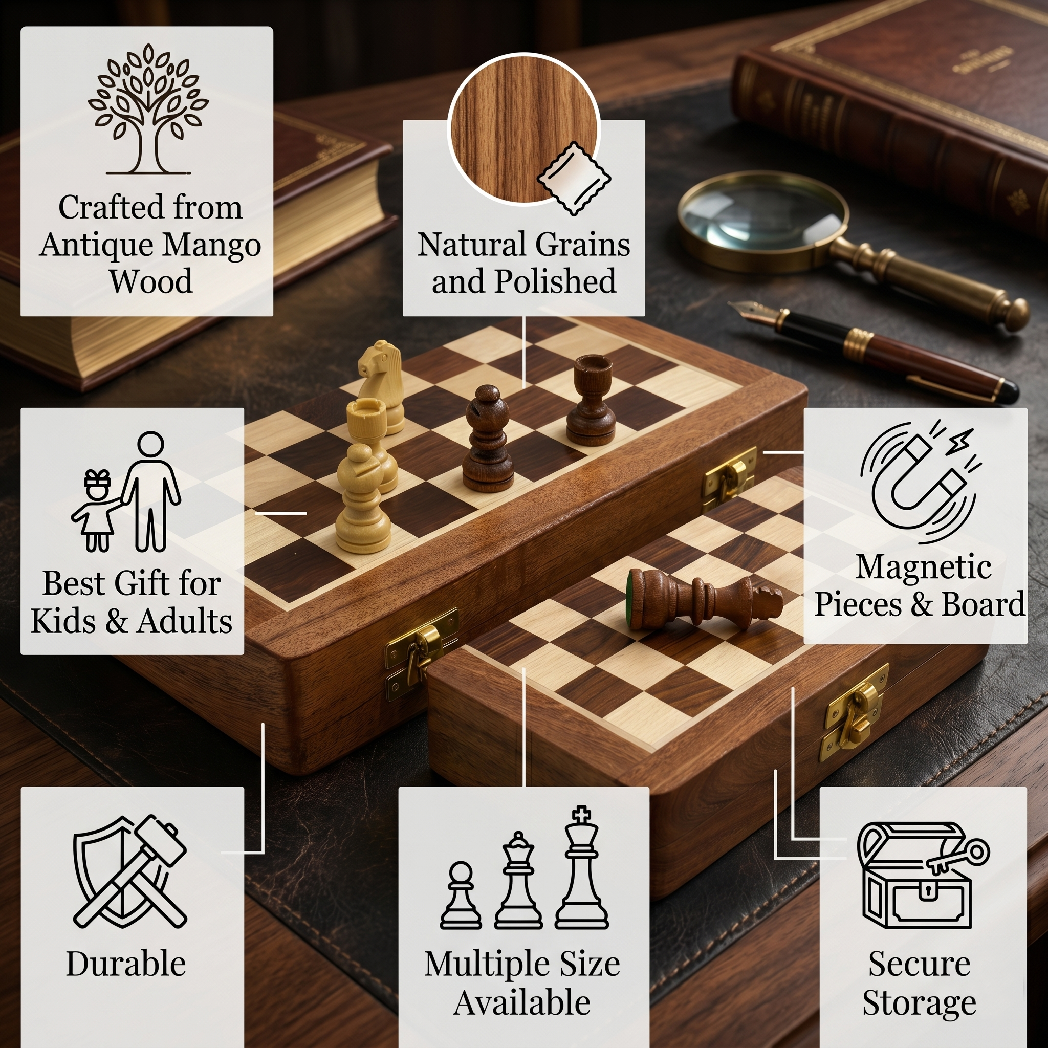 Premium Magnetic Wooden Chess Set, Antique Mango Wood, Folding Board with Velvet Storage, for Kids and Adults - Image 6