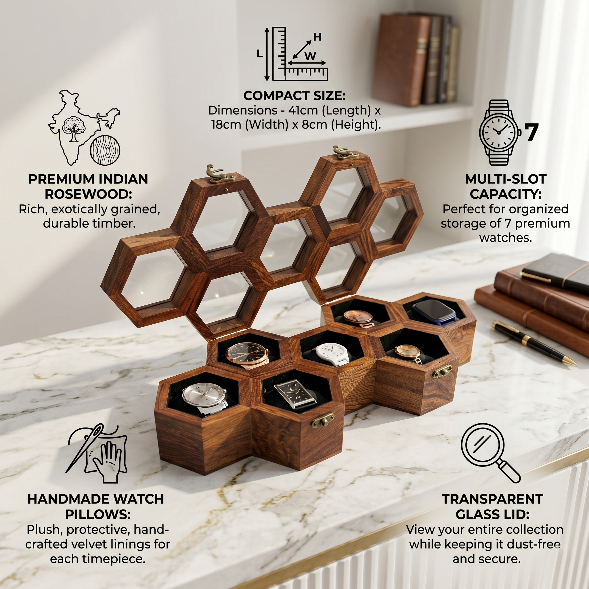 Wooden Watch Box for Men & Women, Indian Rosewood Crafted, Vintage Locks - 7 Slots - Image 9