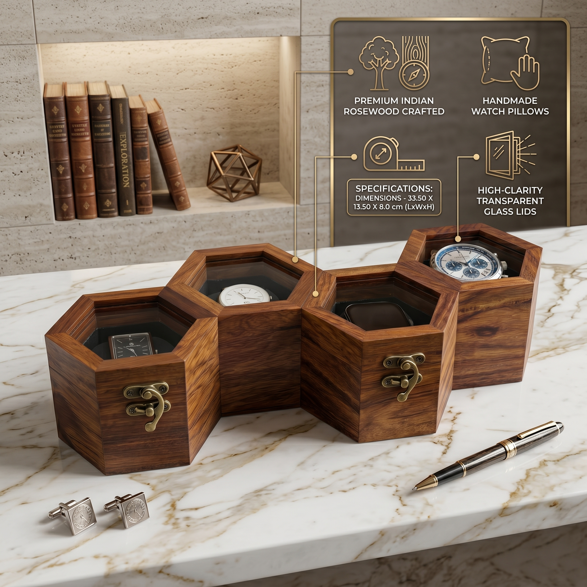 Wooden Watch Box for Men & Women, Indian Rosewood Crafted, Vintage Locks - 4 Slots - Image 4