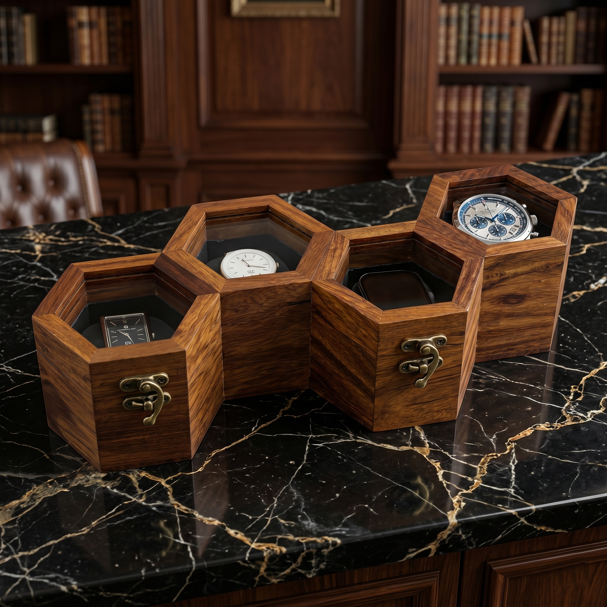 Wooden Watch Box for Men & Women, Indian Rosewood Crafted, Vintage Locks - 4 Slots - Image 2