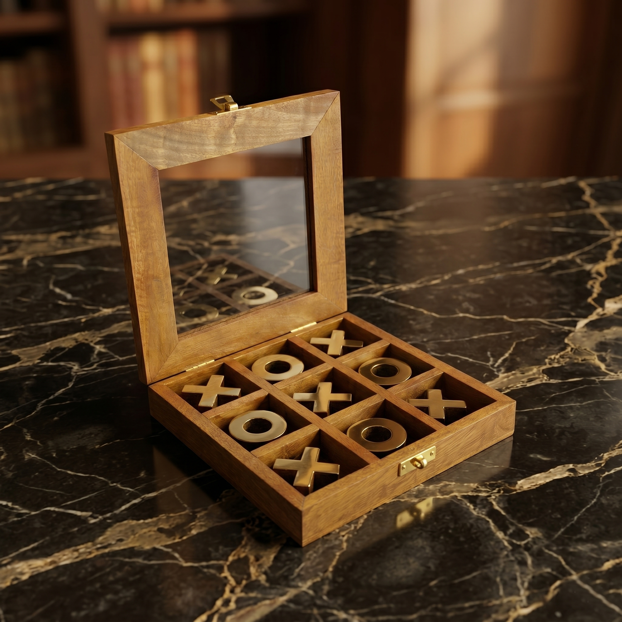 Antique Wood Tic Tac Toe Game Set | Brass Noughts & Crosses, Glass Top Box, Coffee Table Game - Image 6