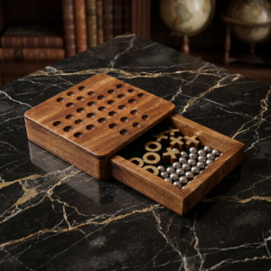 Wooden Solitaire and Tic Tac Toe 2 in 1 Board Game, 14x14x4 cm, with Secure Drawer, for Kids and Adults