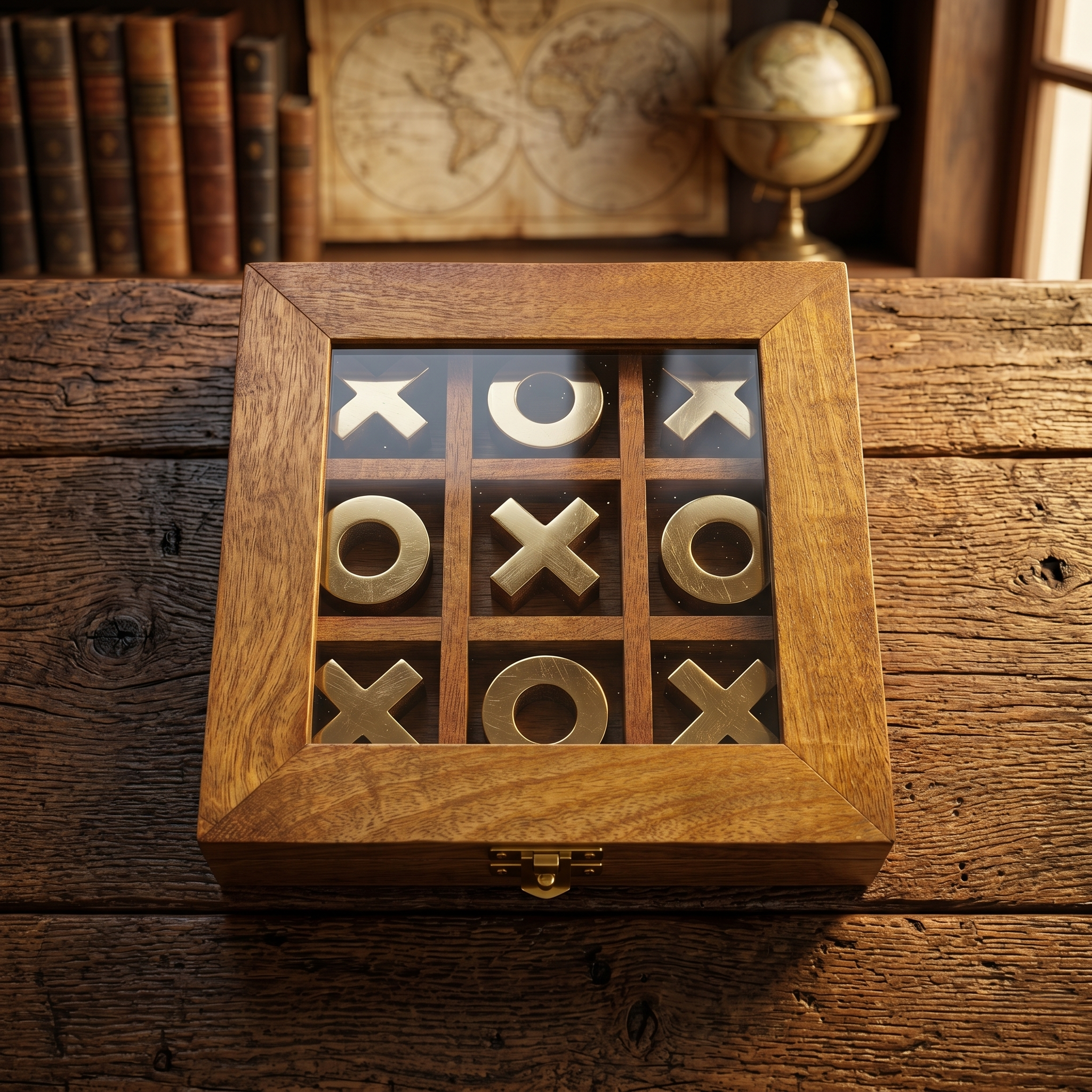 Antique Wood Tic Tac Toe Game Set | Brass Noughts & Crosses, Glass Top Box, Coffee Table Game - Image 9
