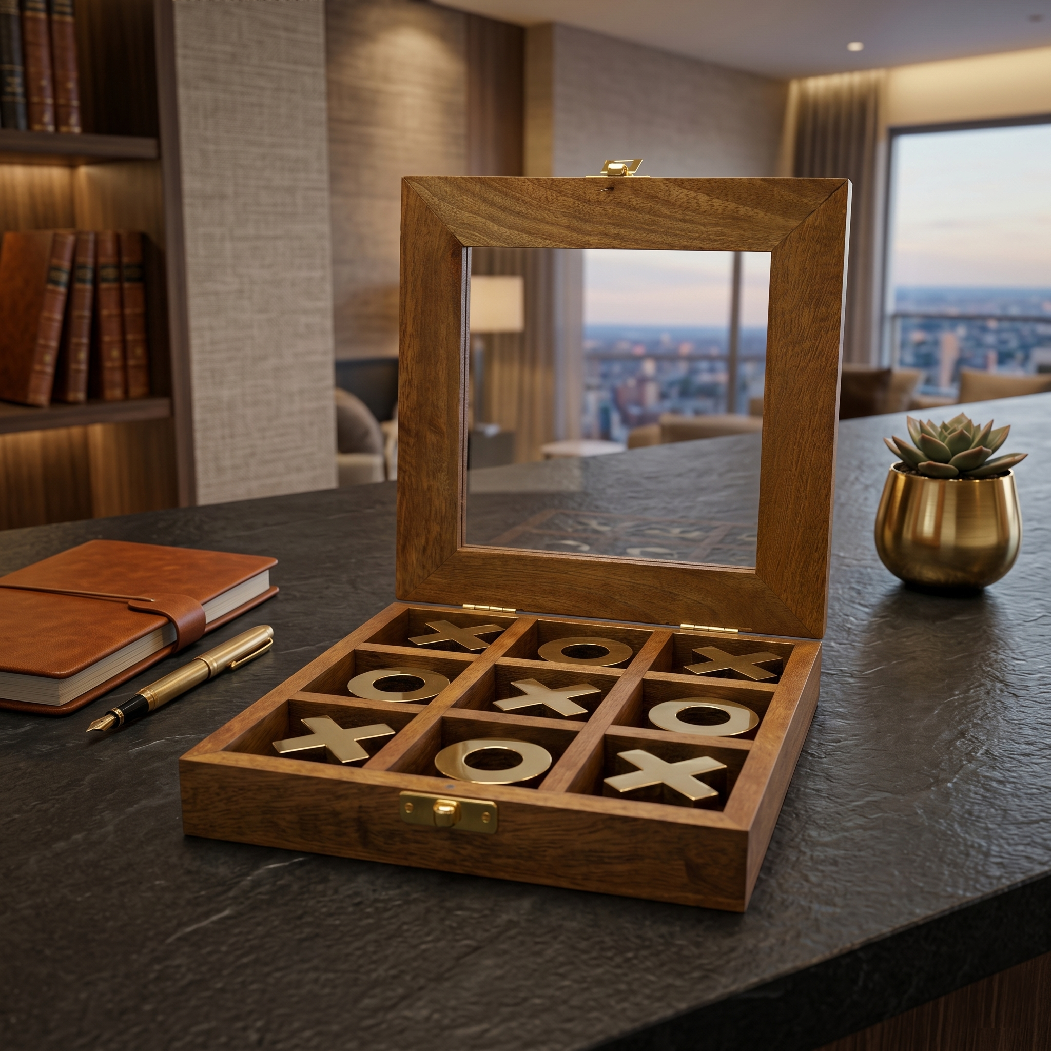 Antique Wood Tic Tac Toe Game Set | Brass Noughts & Crosses, Glass Top Box, Coffee Table Game - Image 5