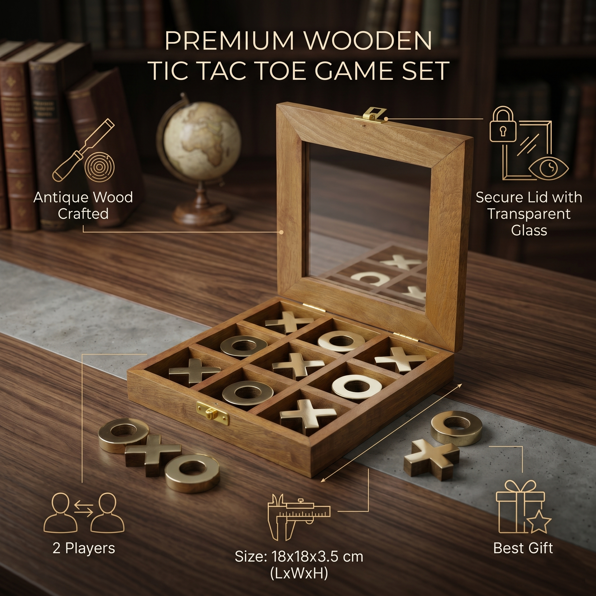 Antique Wood Tic Tac Toe Game Set | Brass Noughts & Crosses, Glass Top Box, Coffee Table Game - Image 4
