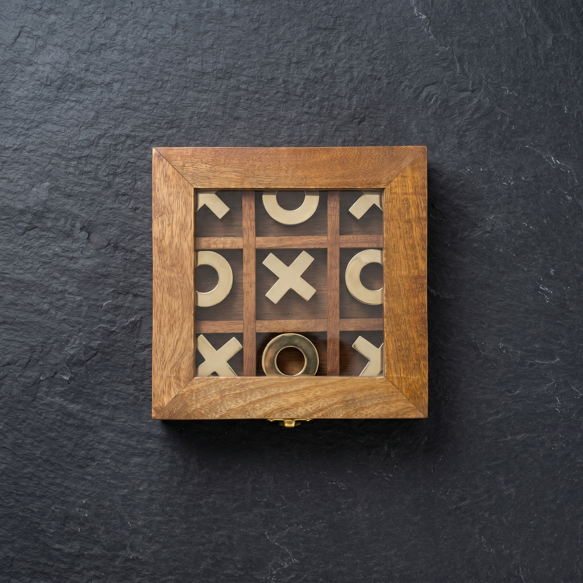 Antique Wood Tic Tac Toe Game Set | Brass Noughts & Crosses, Glass Top Box, Coffee Table Game - Image 7