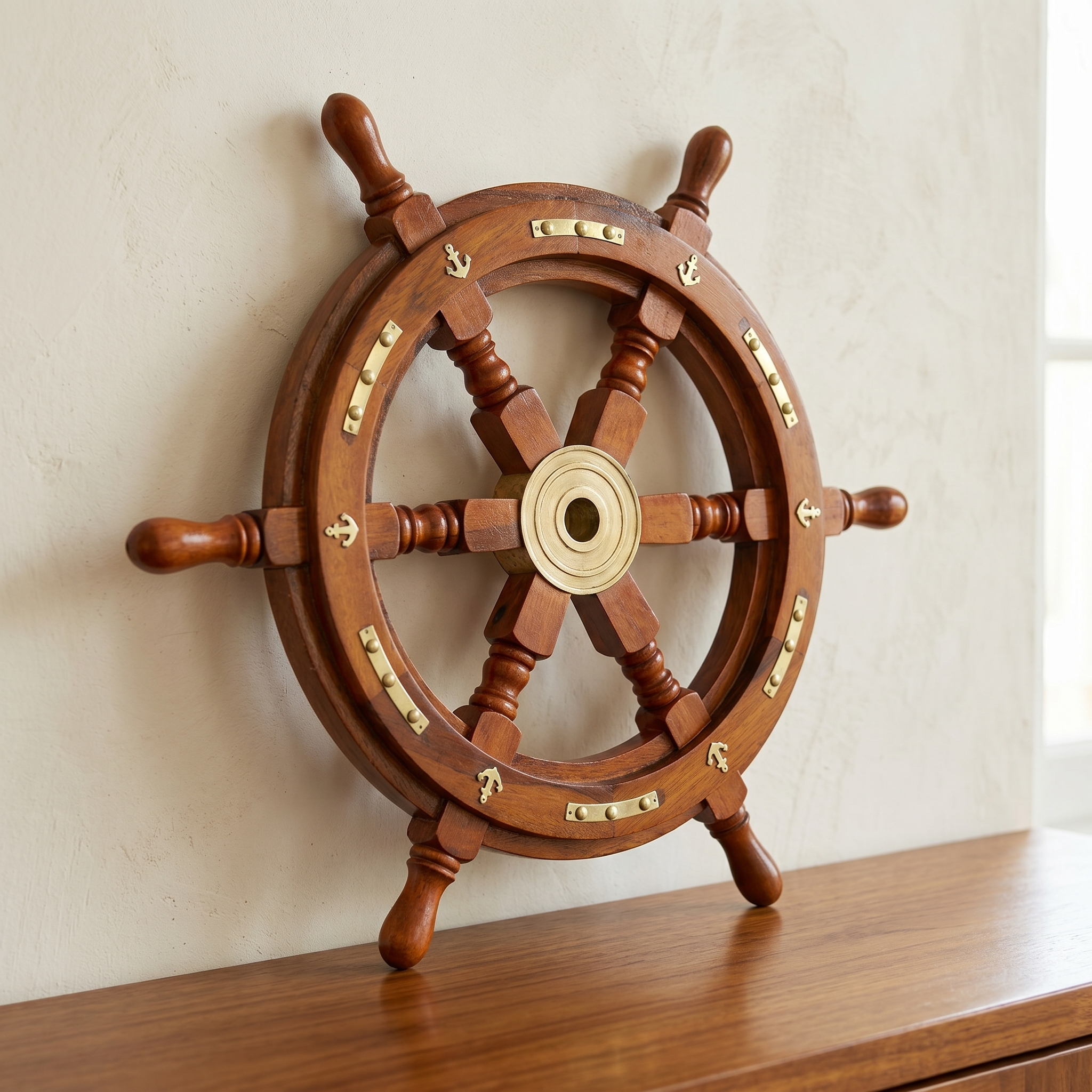 Handcrafted 18-Inch Indian Rosewood Ship Wheel with Brass Accents | Premium Nautical Wall Decor - Image 9