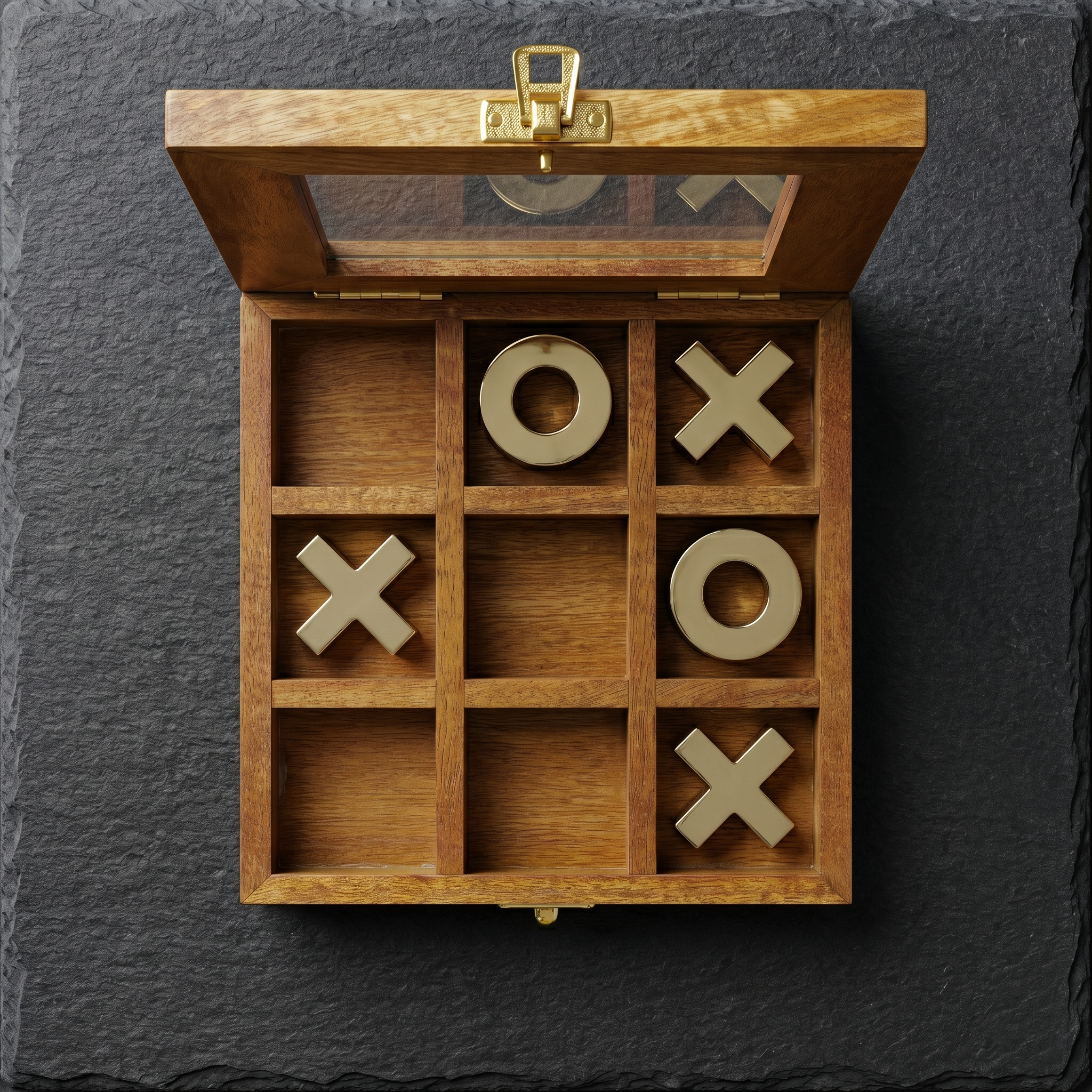 Antique Wood Tic Tac Toe Game Set | Brass Noughts & Crosses, Glass Top Box, Coffee Table Game - Image 8