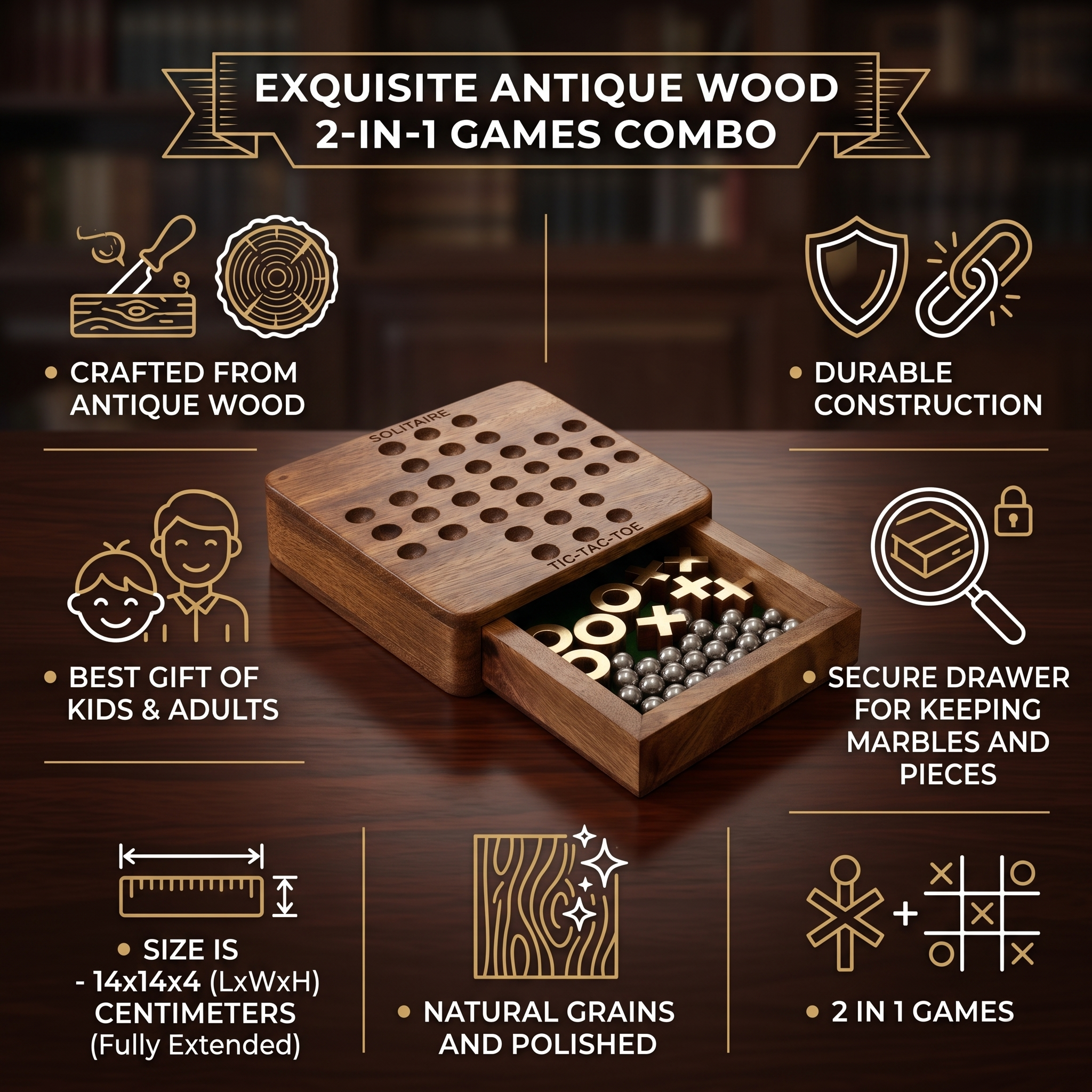 Wooden Solitaire and Tic Tac Toe 2 in 1 Board Game, 14x14x4 cm, with Secure Drawer, for Kids and Adults - Image 4