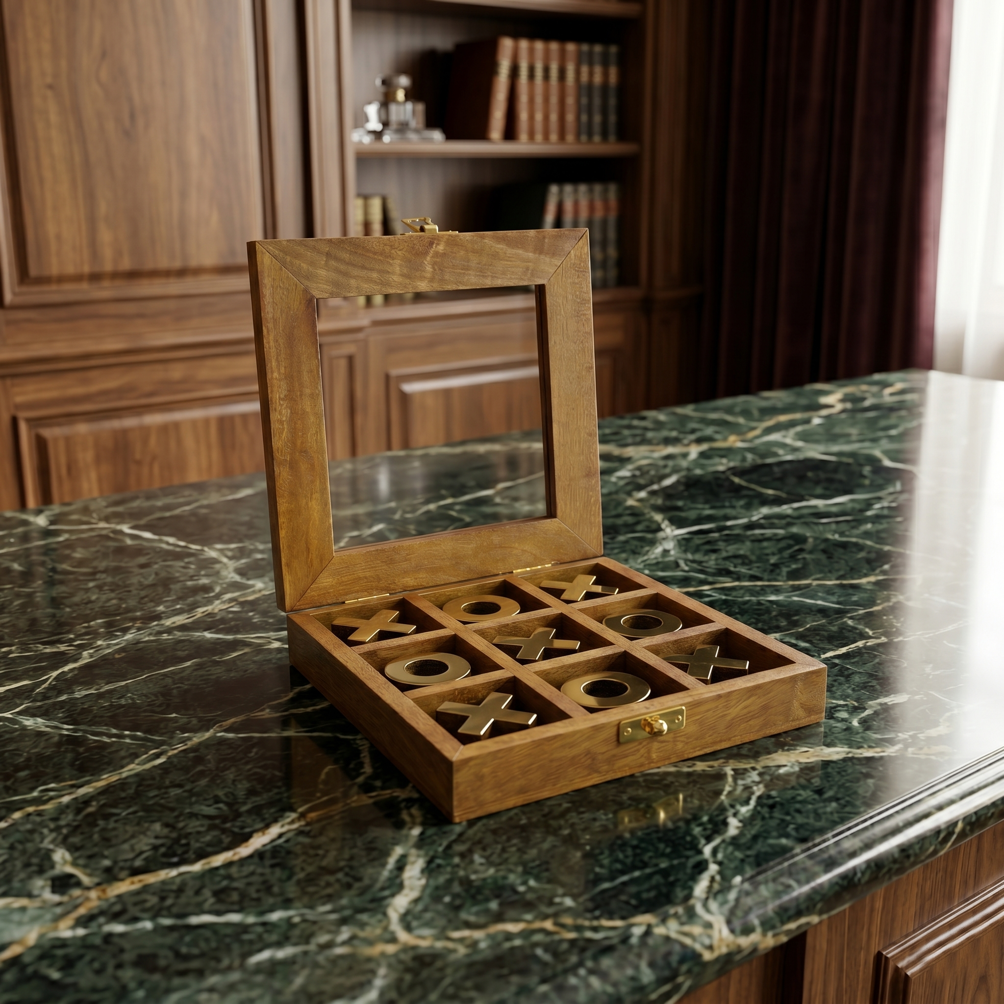 Antique Wood Tic Tac Toe Game Set | Brass Noughts & Crosses, Glass Top Box, Coffee Table Game - Image 3