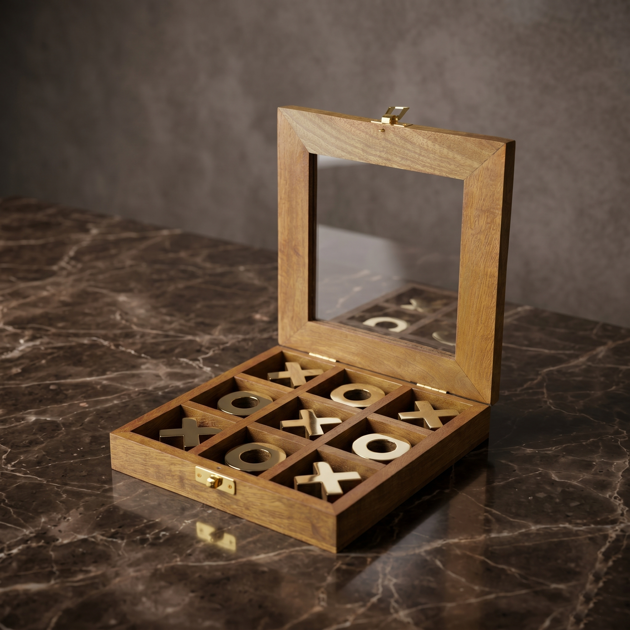 Antique Wood Tic Tac Toe Game Set | Brass Noughts & Crosses, Glass Top Box, Coffee Table Game