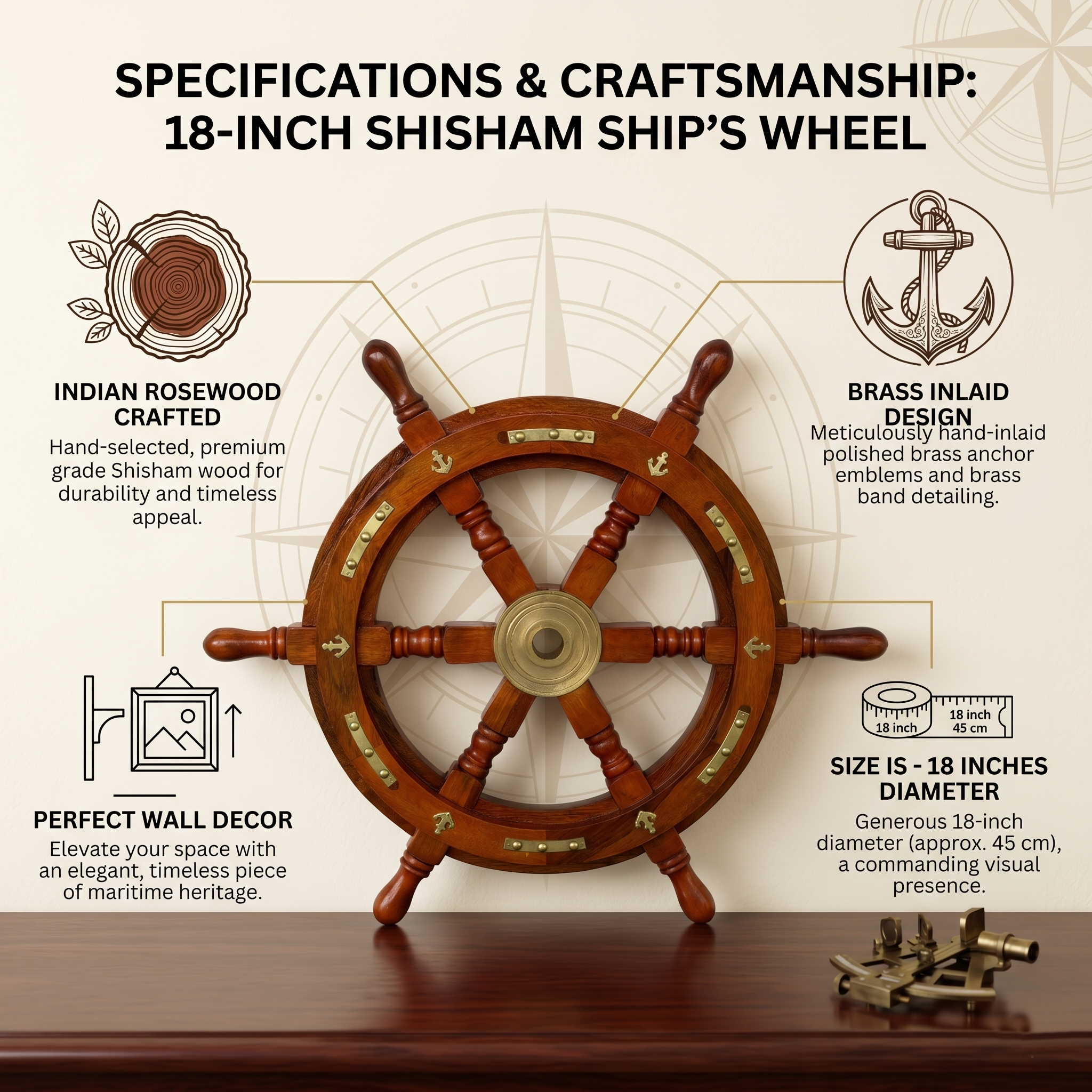 Handcrafted 18-Inch Indian Rosewood Ship Wheel with Brass Accents | Premium Nautical Wall Decor - Image 3